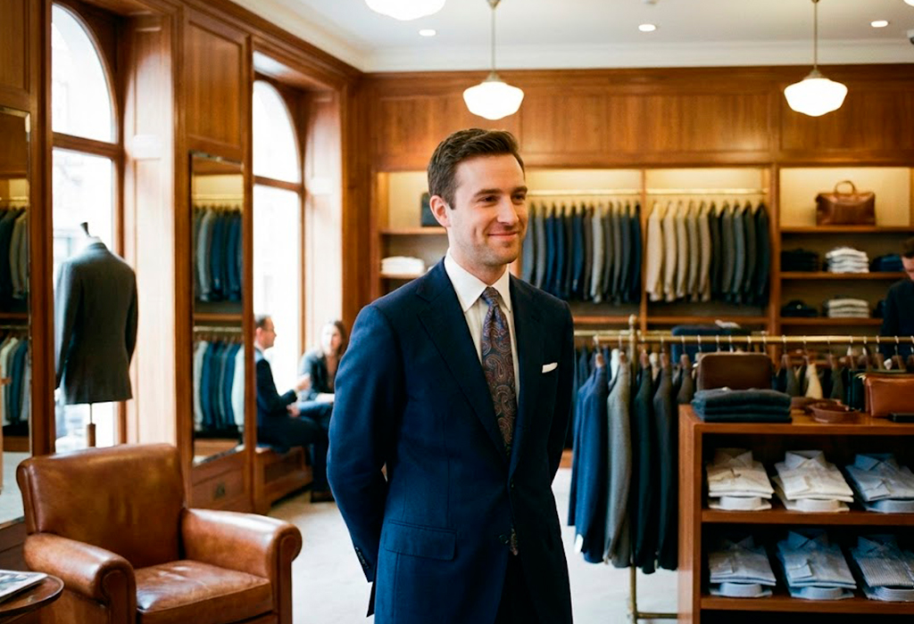 Man in a tailored navy suit standing in a high-end menswear boutique surrounded by neatly displayed suits.