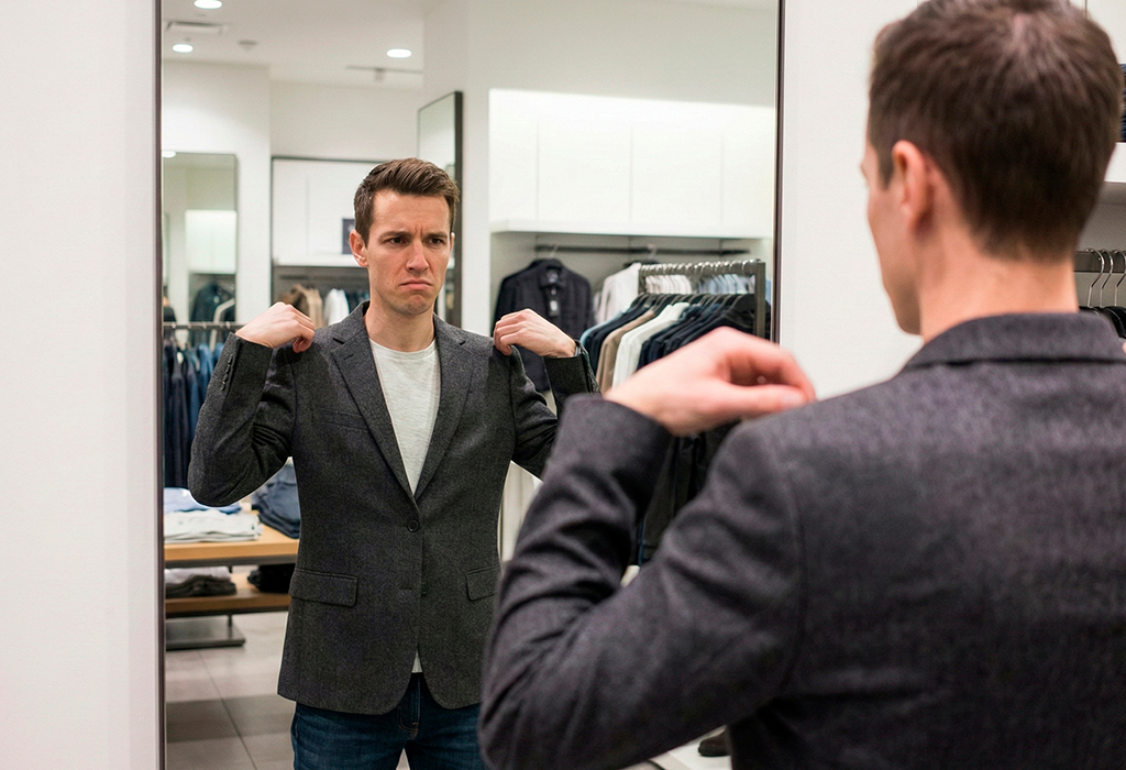 Man checks blazer fit in store mirror, tugging shoulders with concerned expression.