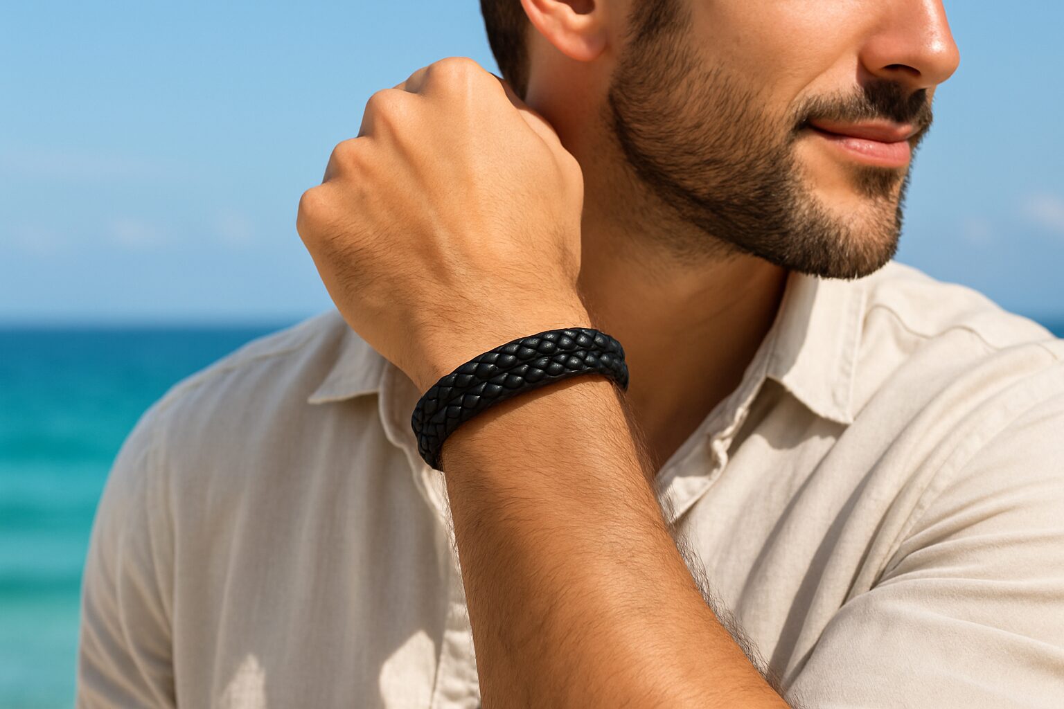Close-up of a man's wrist wearing a black braided leather bracelet by the ocean on a sunny day