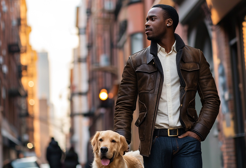 man in fields walking a black dog