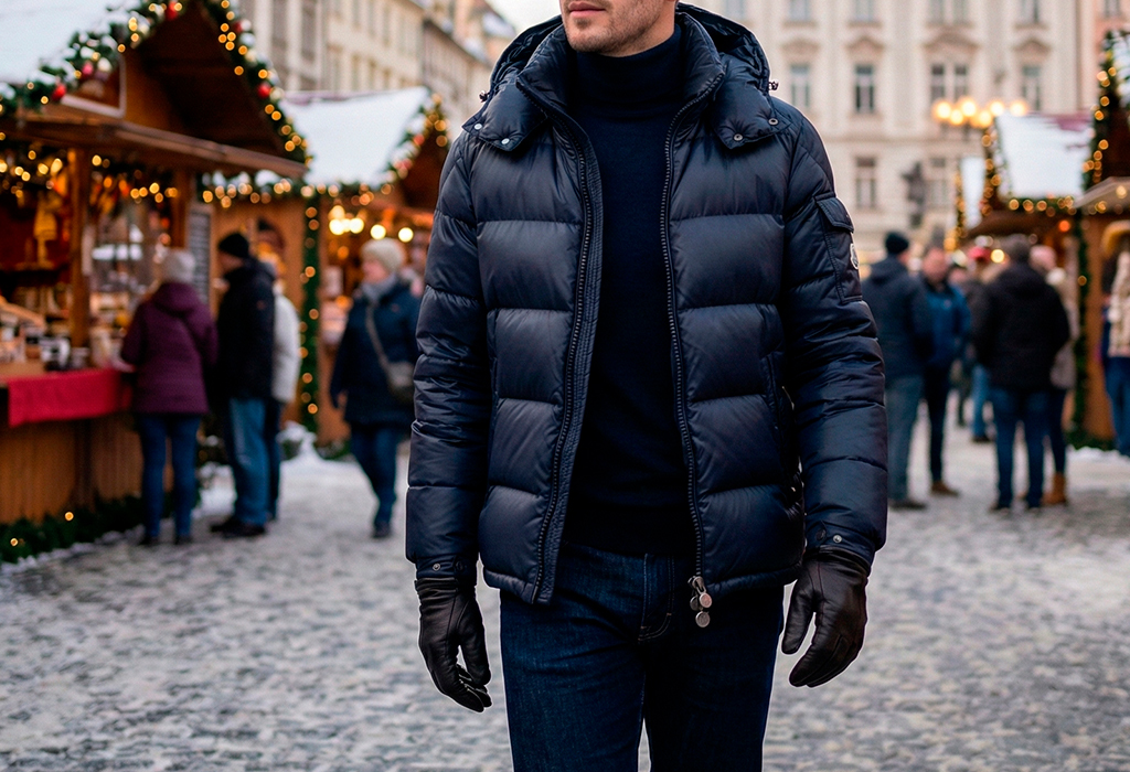 Man wearing sleek navy puffer over black turtleneck at winter market.